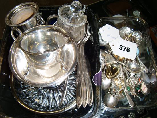 Collection of silver and plated souvenir & other spoons, silver pepper & sundry small plated items, etc